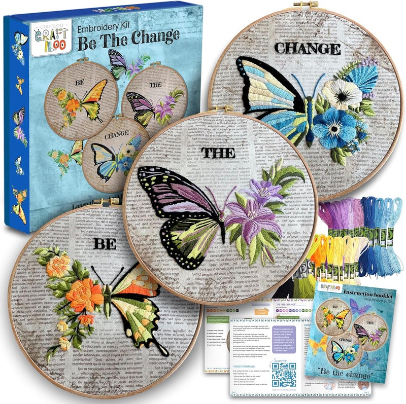 CRAFTILOO Embroidery Kits for Adults Hand Embroidery kit for Beginners with Stamped Embroidery Patterns Starter Embroidery Kit. Needlepoint kit Cross Stitch kit for Teens& Adults Butterflies - Image 1